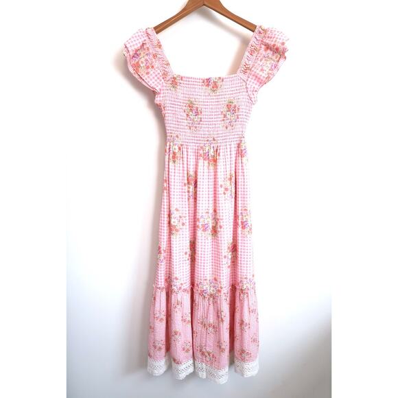 LOVESHACKFANCY Emeka Cotton Maxi Tie Front Gingham Floral Dress Revolve M $495 - Picture 8 of 14